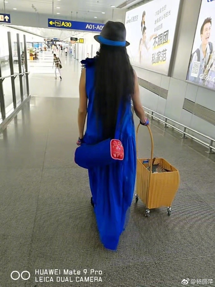 杨丽萍一身蓝衣现身机场